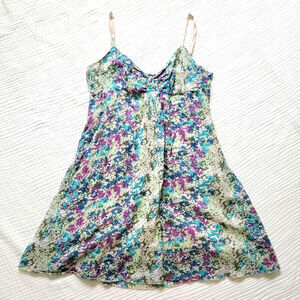 energie Womens M 100% Cotton Floral Mini Babydoll Dress Blue Green Purple Gauzy